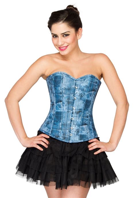 Blue Denim Print Leather Gothic Steampunk Overbust And Net