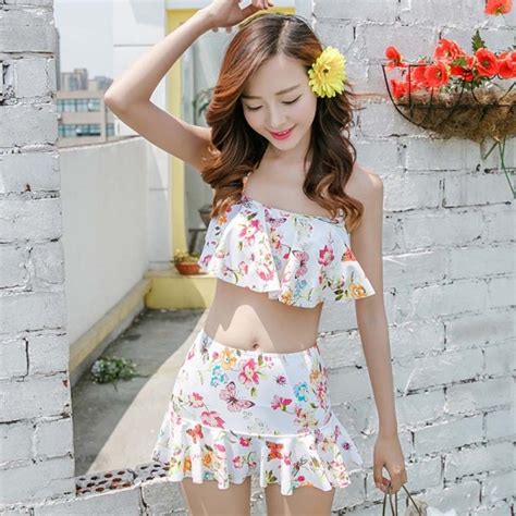 two piece sexy halter flat angle small chest high waist micro white with butterfly and floral