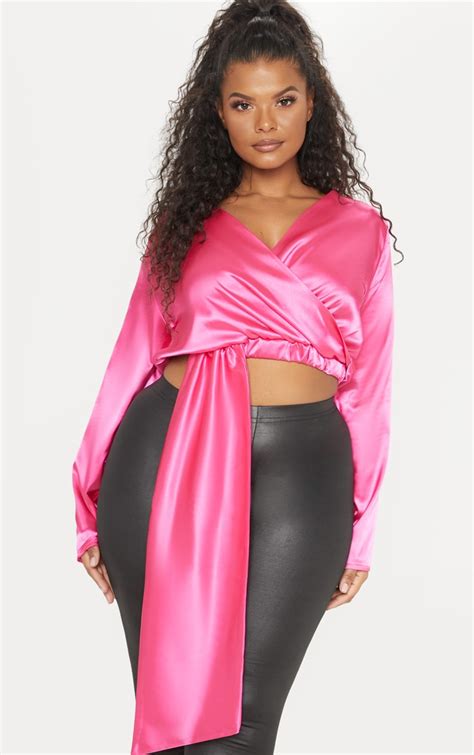 plus hot pink satin wrap crop blouse prettylittlething