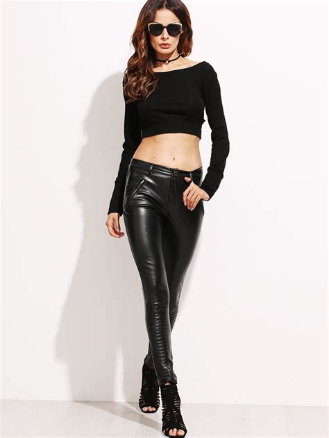 black skinny pu leather pants with zipper pockets shein sheinside