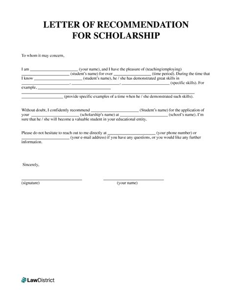scholarship recommendation letter   templates lawdistrict