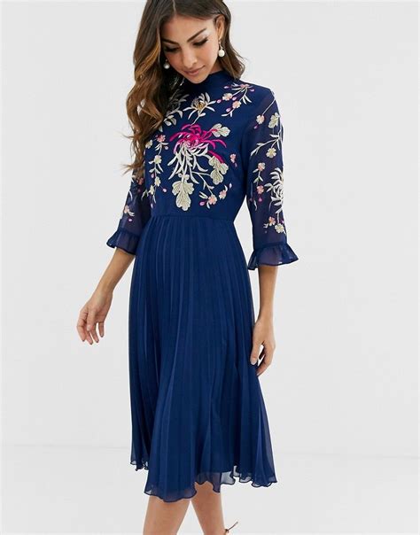 asos design embroidered pleated midi dress  fluted sleeve  navy