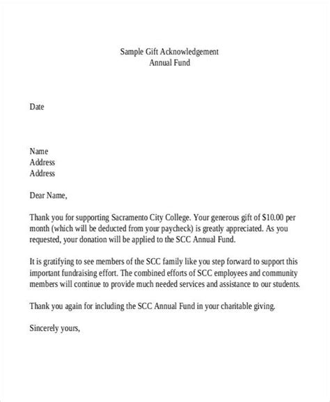 gift acknowledgement letter templates   word  format