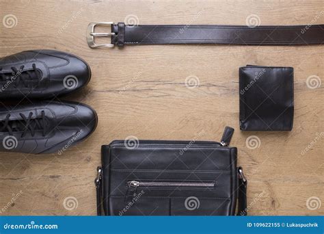 flat lay  black leather mens accessories stock image image  pair