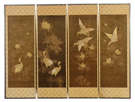japanese embroidered silk  panel screen  century christies