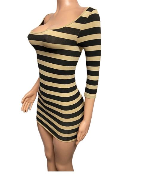 Sexy Tan Black Striped Seamless Bodycon 80s 90s Club Mini Dress New O