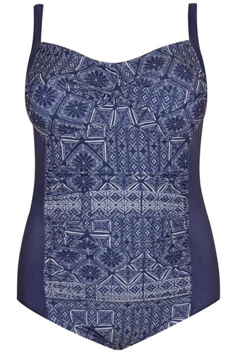 Navy Printed Ruched Swimsuit With Padded Cups Plus Size
