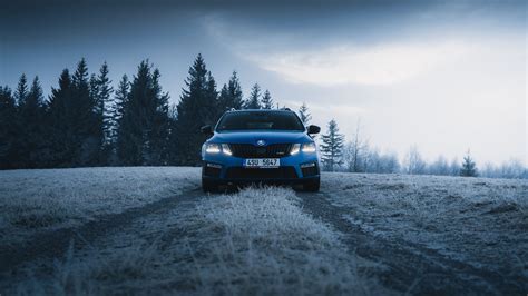 wallpaper  skoda car blue road forest winter