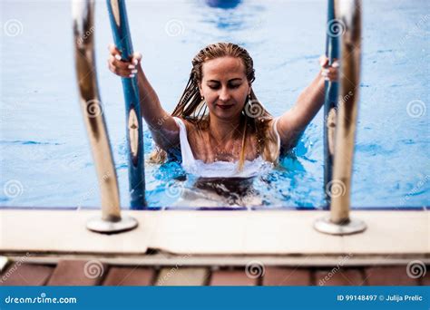 Woman Going Out From Swimming Pool Stock Image Image Of Closed