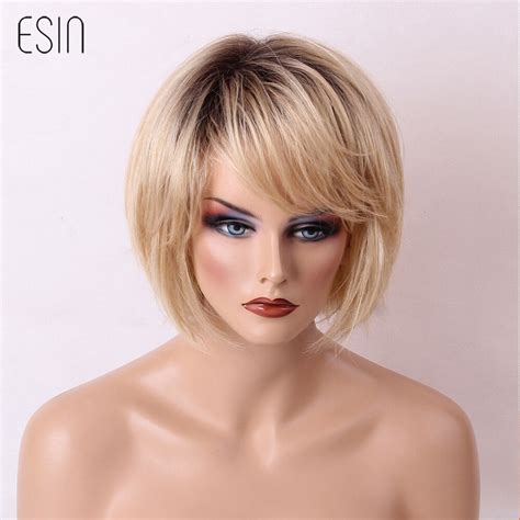 esin blend hair wigs  inches synthetic short straight bob wig  bangs black root ombre