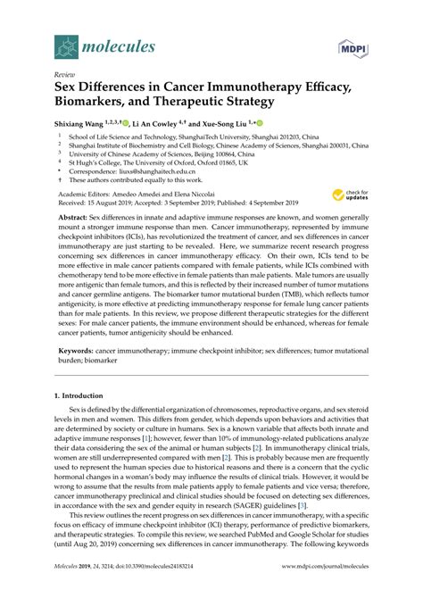 Pdf Sex Differences In Cancer Immunotherapy Efficacy Biomarkers And