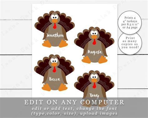 turkey  tags  editable text diy printable etsy