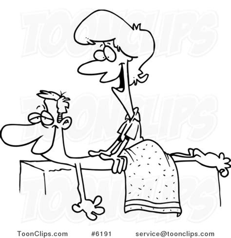 cartoon black and white line drawing of a friendly female massage