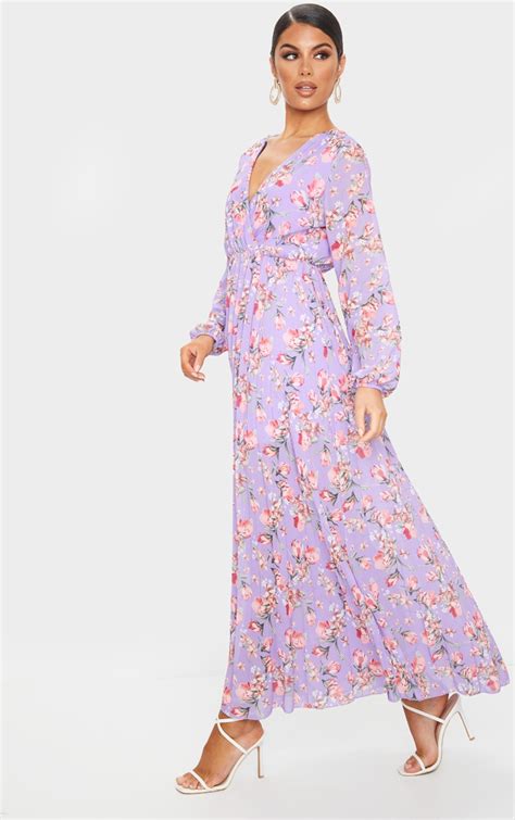 Lilac Floral Long Sleeve Pleated Maxi Dress Prettylittlething Aus