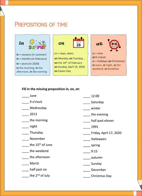 prepositions    interactive worksheet worksheets hour
