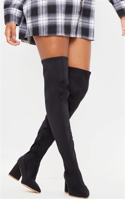 black wide fit low block heel thigh high boot prettylittlething usa