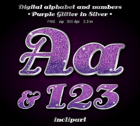 Purple Glitter Alphabet Clipart Letters Numbers Digital
