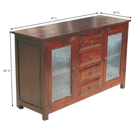 Rustic Frosted Solid Wood Glass Door 4 Drawer Sideboard