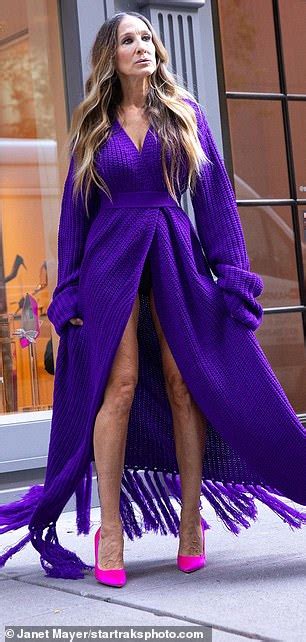 Sarah Jessica Parker Wears A Purple Knitted Dress And Hot