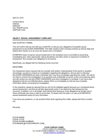 letter to sexual harassment complainant template and sample form