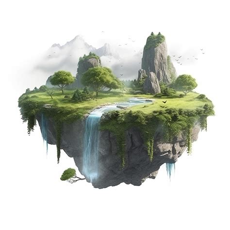 floating fantasy island  waterfall  green grass  trees