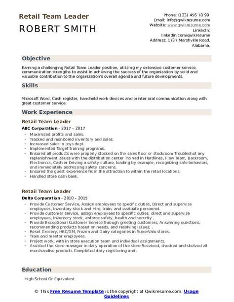 sample cv  team leader position store manager resume