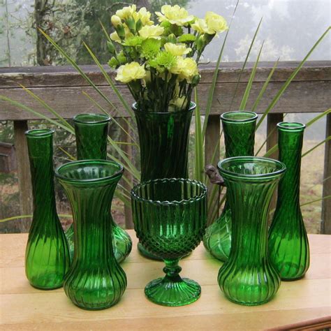 8 Piece Vase Set In Emerald Green Lot B Etsy Vase Set Green Vase Vase
