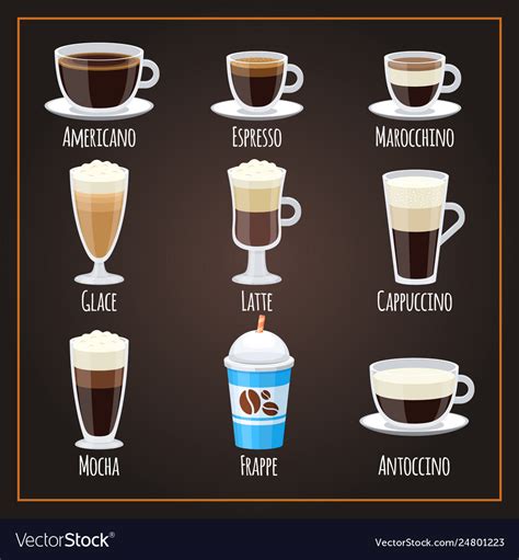 coffee types flat collection american royalty  vector