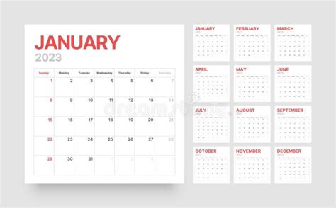 monthly calendar   year starts  sunday stock vector
