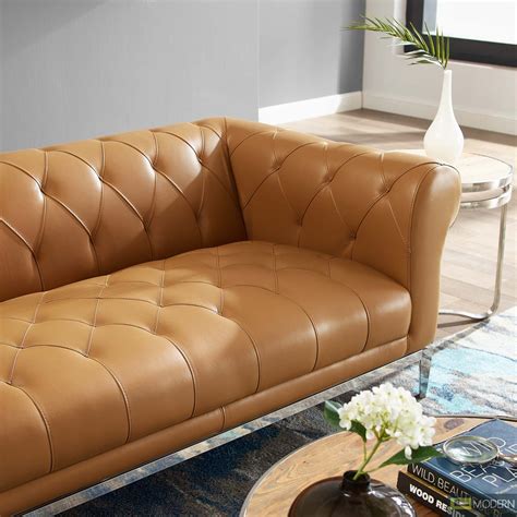 modern contempo cyprus tufted button upholstered leather chesterfield sofa tan