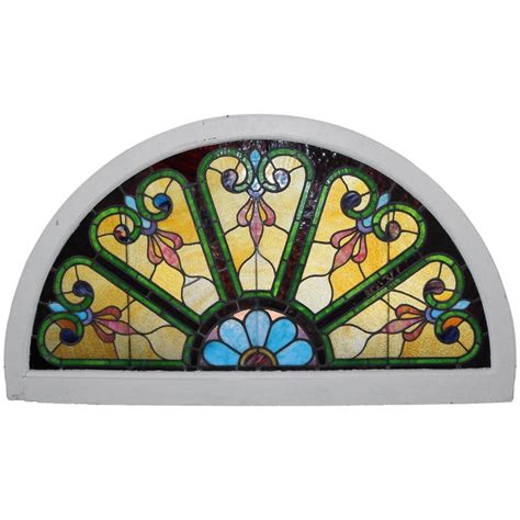 Antique Demilune Stained And Leaded Glass Arched Transom