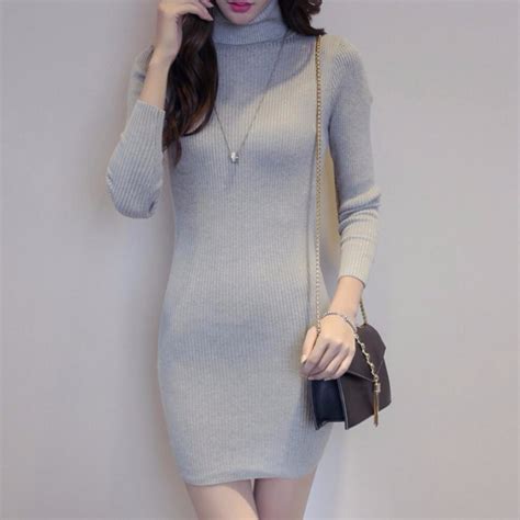 high neck mini knitted dress womens fall winter classic basic pullovers