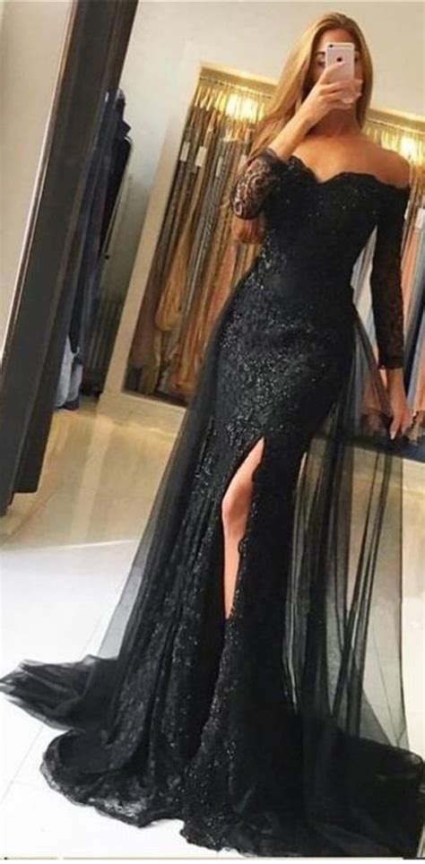 Black Lace Tulle Newest Mermaid Prom Dress Long Sleeves