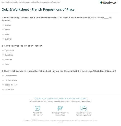 quiz worksheet french prepositions  place studycom