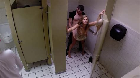 super horny bitch and her fucker have sex in the public restroom