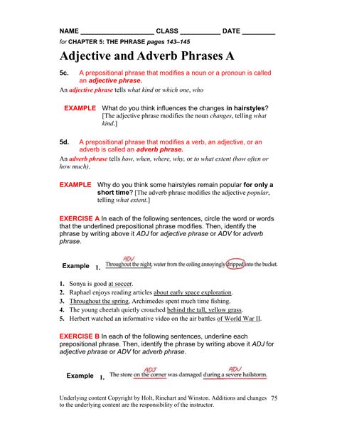 worksheet  adjective adverb phrases