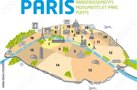 Plan De Paris Ponts Monuments Arrondissements Stock Vector