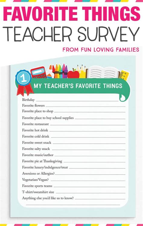 teacher favorite  printable questionnaire  teacher gifts