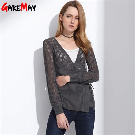 female hollow out cardigan pull femme sexy v neck long sleeve lace up