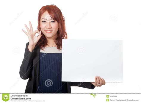 happy asian businesswoman show ok sign and blank c royalty free stock image