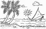 Pantai Pemandangan Mewarnai Laut Tepi Ombak Matahari Sampan Pasir Kelapa Pohon sketch template