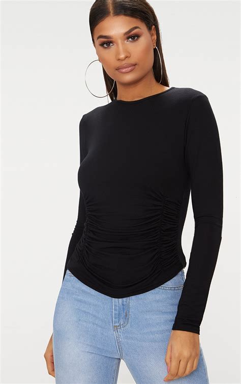 black long sleeve ruched front top tops prettylittlething