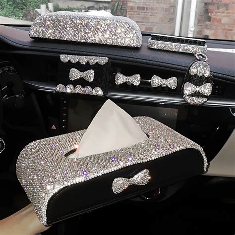 cute bowknot bling crystal car tissue box universal car armrest paper holder cover diamond