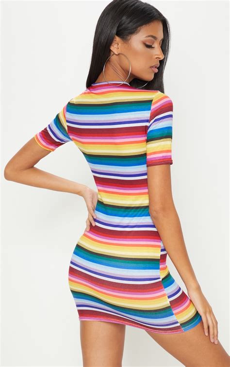 multi rainbow stripe short sleeve bodycon dress prettylittlething