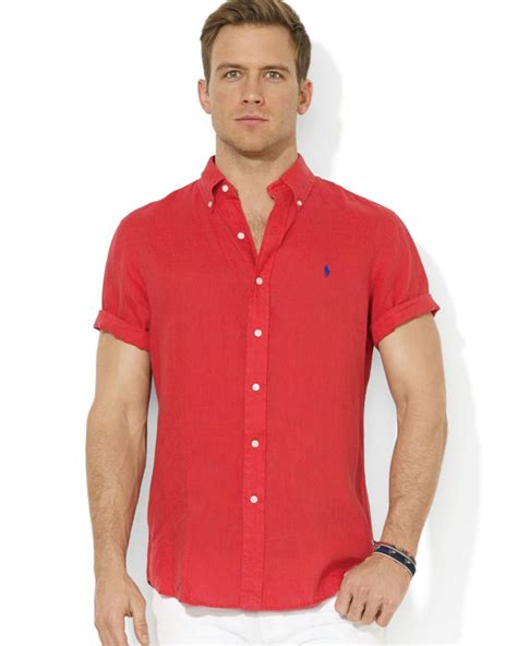 ralph lauren polo button  short sleeve sport shirt  red  men