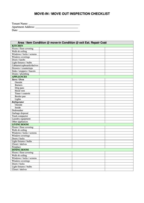 move inmove  inspection checklist template printable