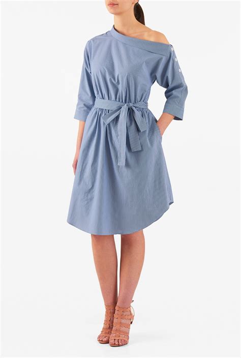 shop stripe oxford cotton asymmetric  shoulder dress eshakti