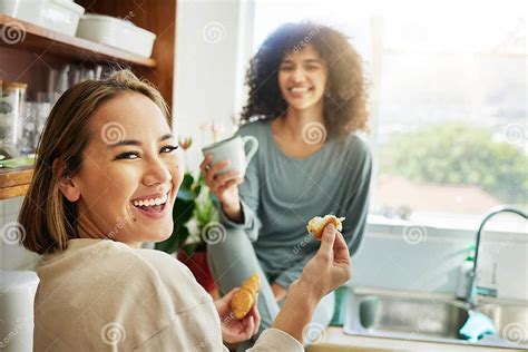 Happy Portrait And A Lesbian Couple With Breakfast In The Kitchen For