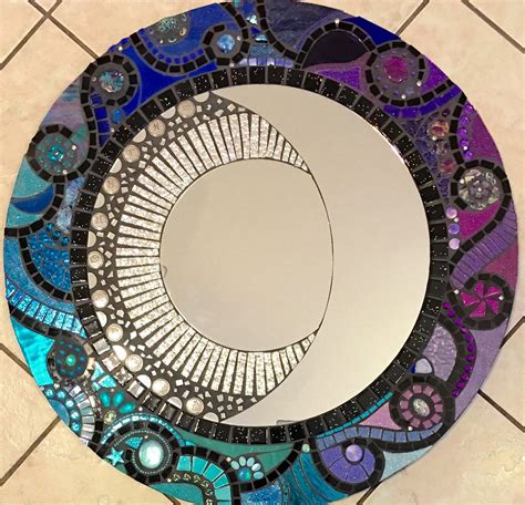 stained glass mosaic mirror celestial moon blue purple large