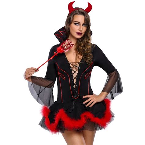 adult women halloween sexy devil demon mistress costume hot front lace  plunge  neck mini